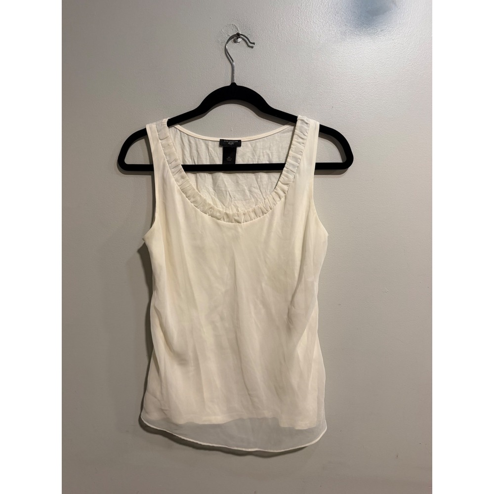 Ann Taylor Petite Cream Layered Sleeveless Shell Ruffle Neck Blouse MP Ivory